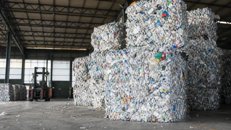 Bele sprasowanych tworzyw sztucznych w zakładzie recyklingu na Śląsku - recykling tworzyw Śląsk