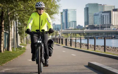 Rowerzysta w kasku i kamizelce odblaskowej na ścieżce rowerowej
