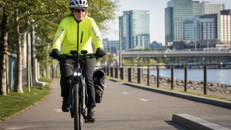 Rowerzysta w kasku i kamizelce odblaskowej na ścieżce rowerowej