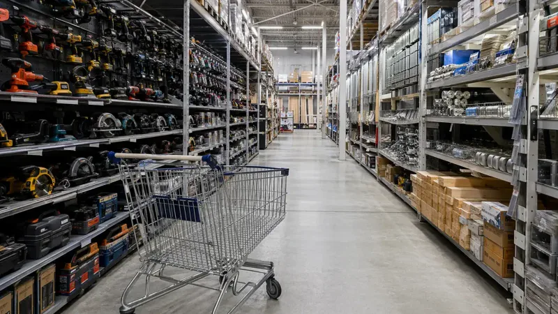 Wnętrze marketu budowlanego, kradzież w Gliwicach
