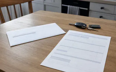 Koperta z urzędu i formularz obok kluczyków samochodowych na stole