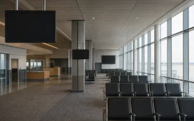 Pusta hala odlotów lotniska z rzędami foteli i wygaszonymi ekranami