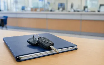 Teczka z dokumentami samochodowymi i kluczyk na biurku w wydziale komunikacji