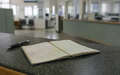Otwarty dowód rejestracyjny leżący na ladzie urzędu obok długopisu
