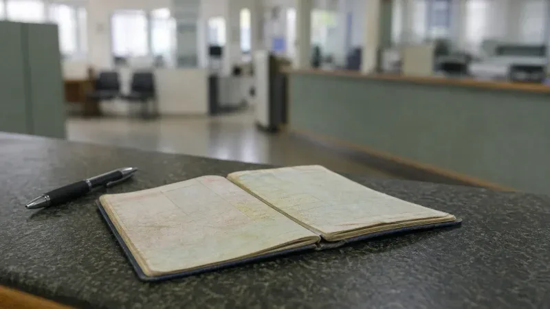 Otwarty dowód rejestracyjny leżący na ladzie urzędu obok długopisu