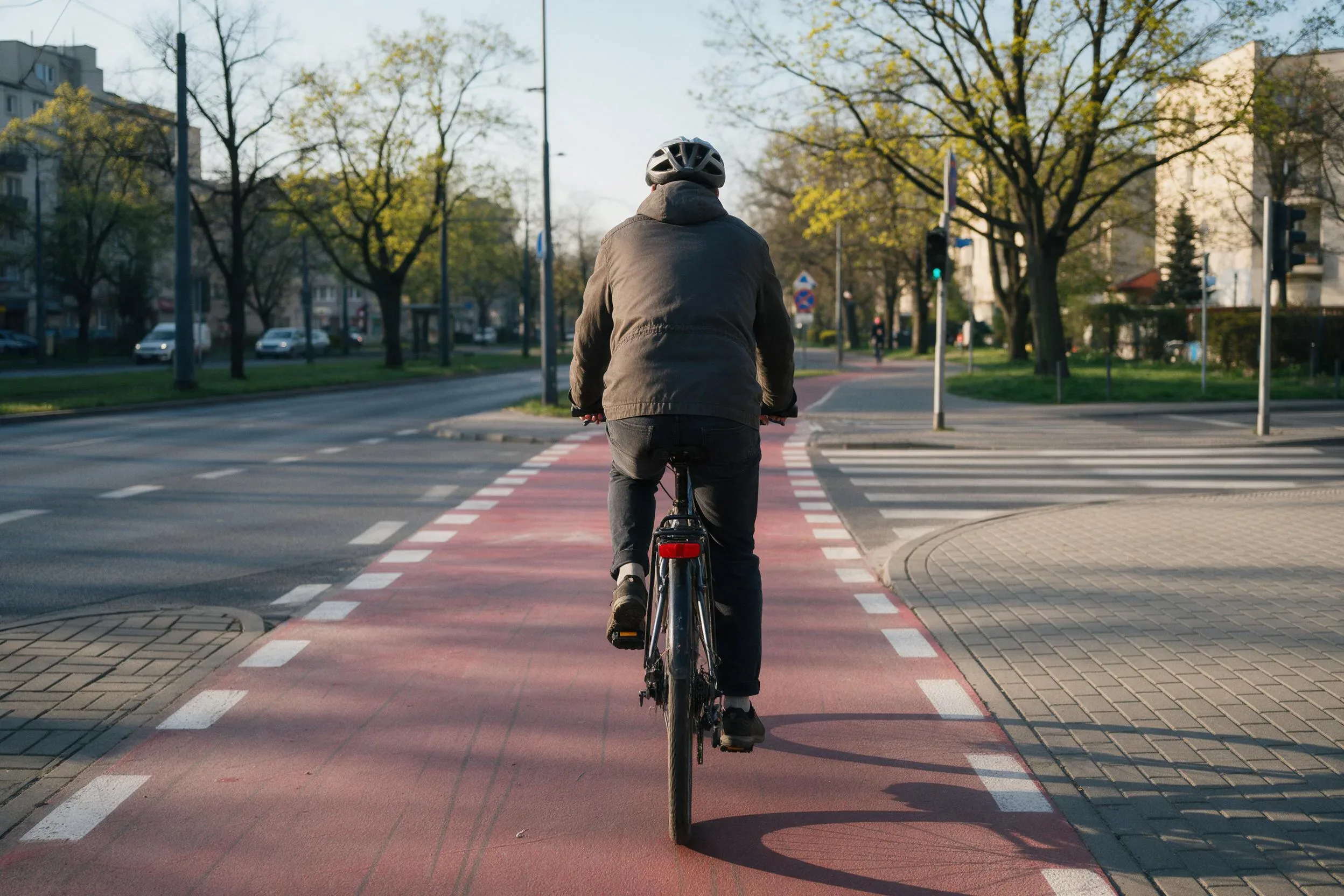 Rowerzysta na ścieżce rowerowej w mieście