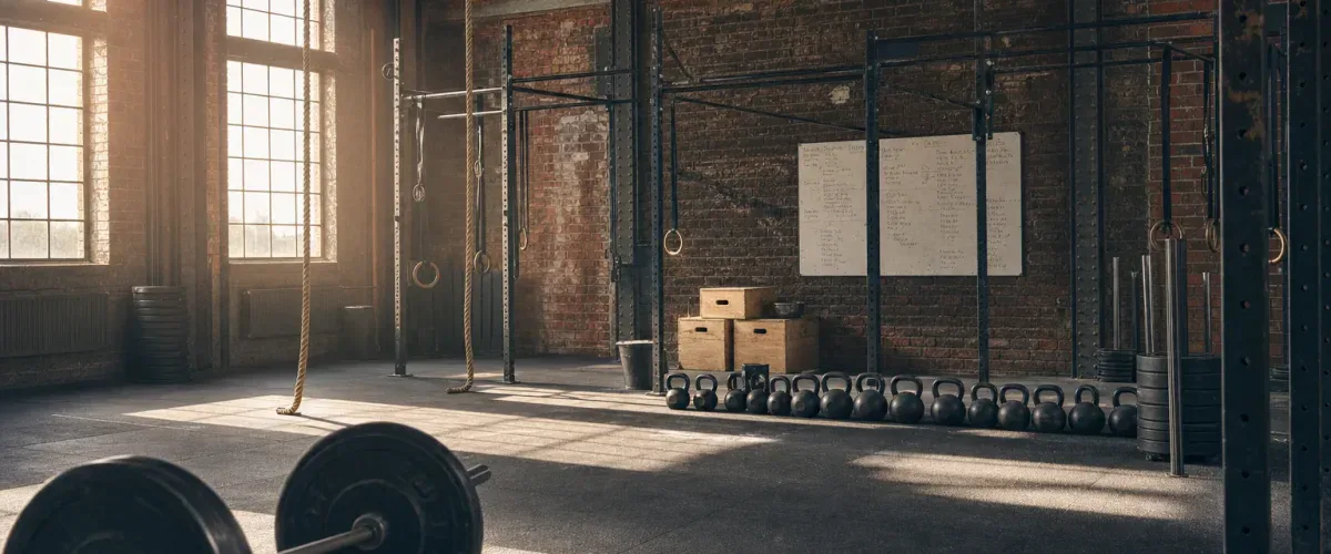 Wnętrze boxu CrossFit w dawnej hali z czerwonej cegły: sztanga, kettlebells, liny i tablica z planem treningu