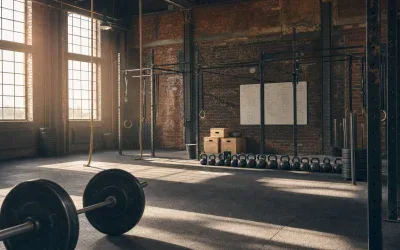 Wnętrze boxu CrossFit w dawnej hali z czerwonej cegły: sztanga, kettlebells, liny i tablica z planem treningu