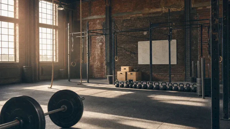 Wnętrze boxu CrossFit w dawnej hali z czerwonej cegły: sztanga, kettlebells, liny i tablica z planem treningu