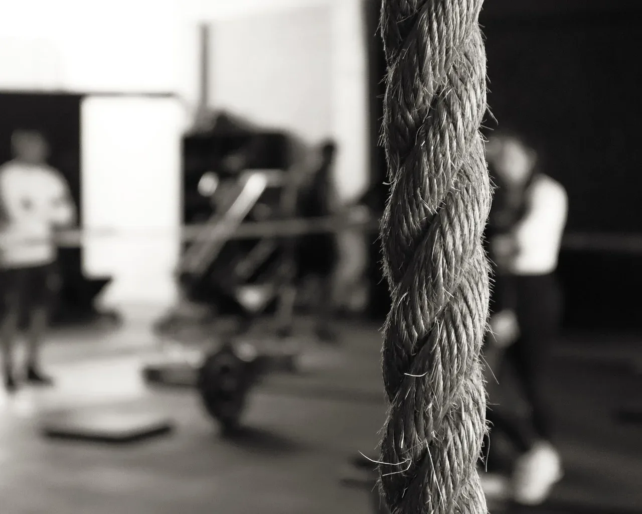 Lina wspinaczkowa w boxie CrossFit, w tle trening na sprzęcie