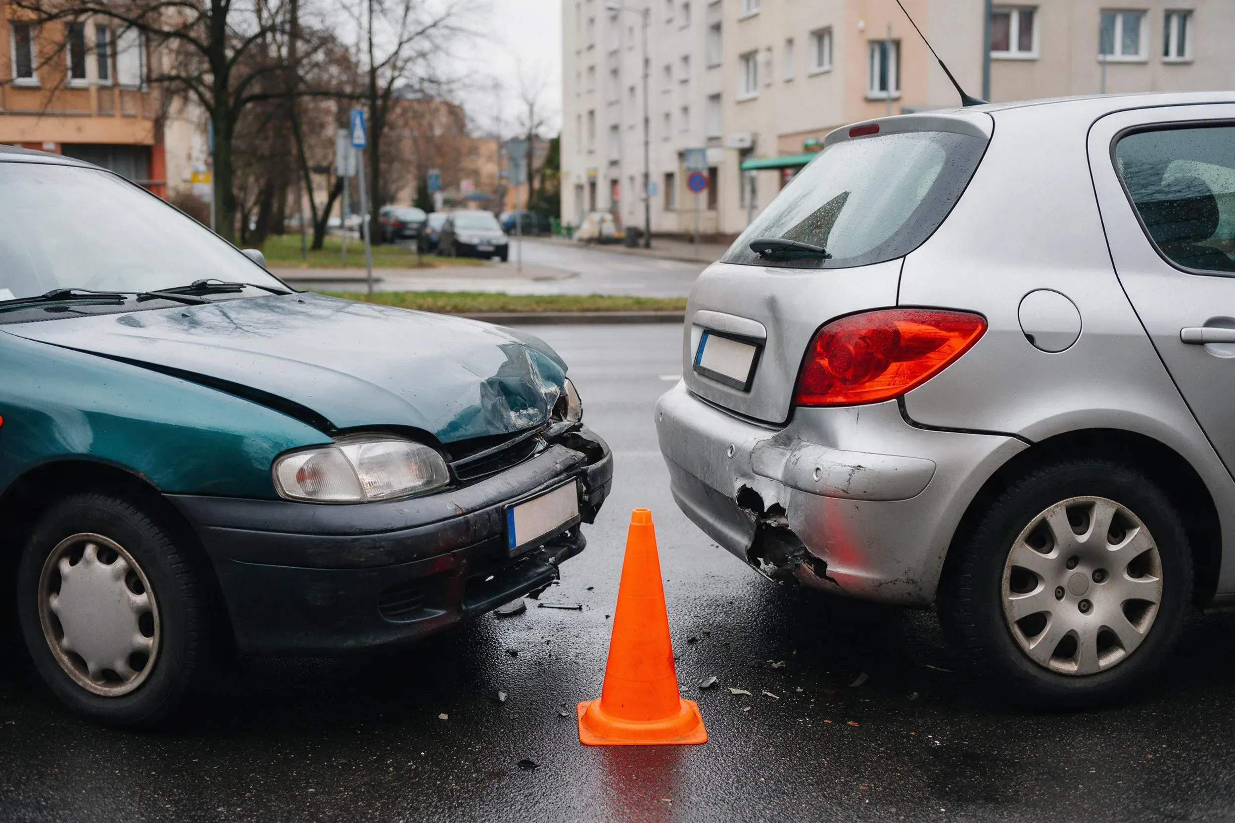 Uszkodzone auto po kolizji na miejskiej ulicy