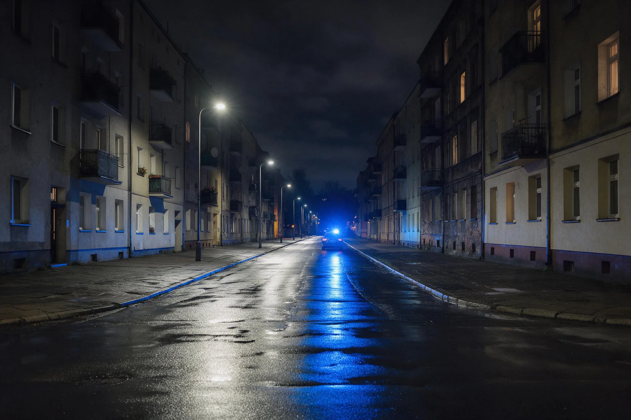 Nocna ulica miejska w niebieskim świetle koguta