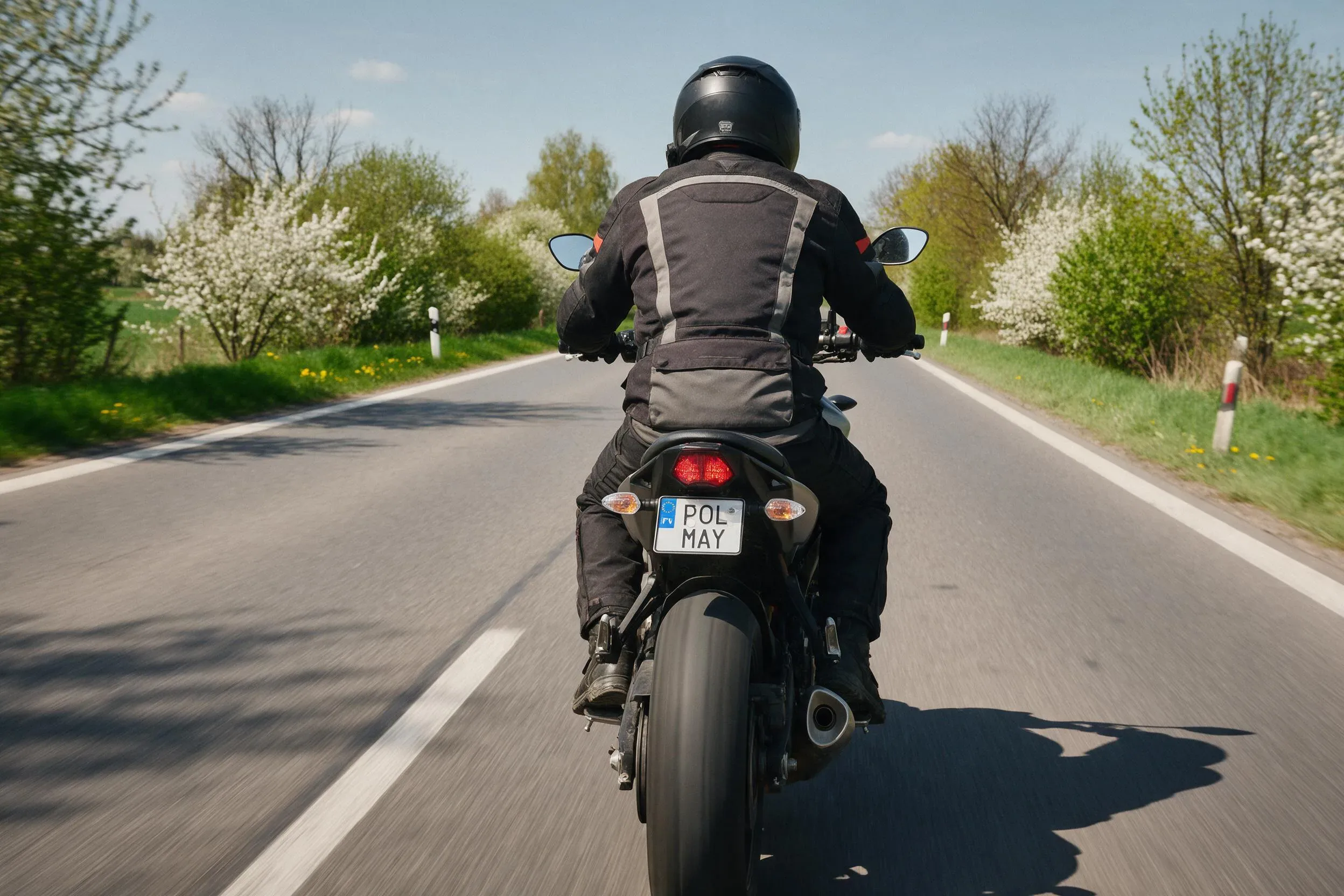 Motocyklista na drodze wiosną