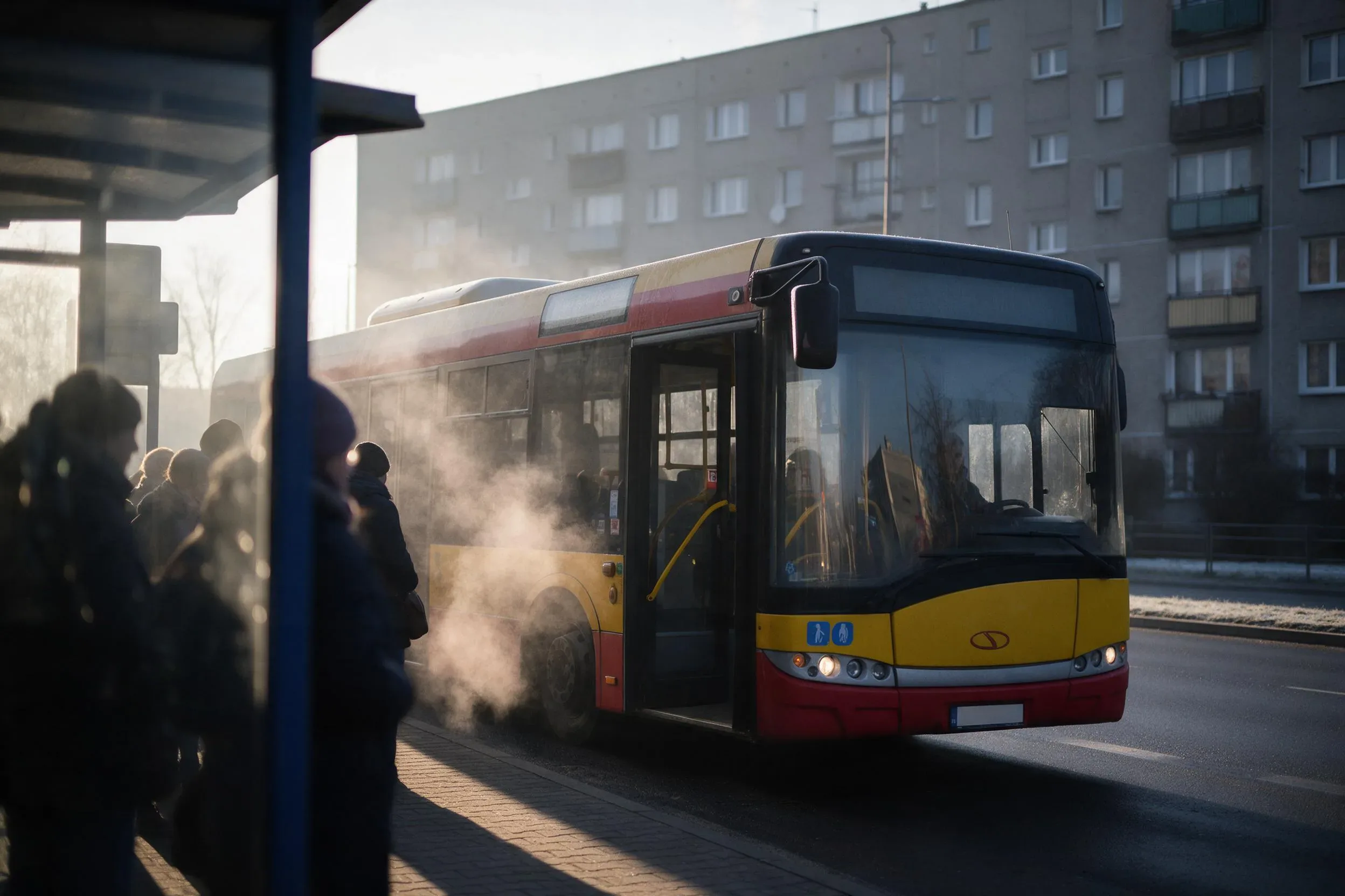 Autobus miejski na przystanku zimą