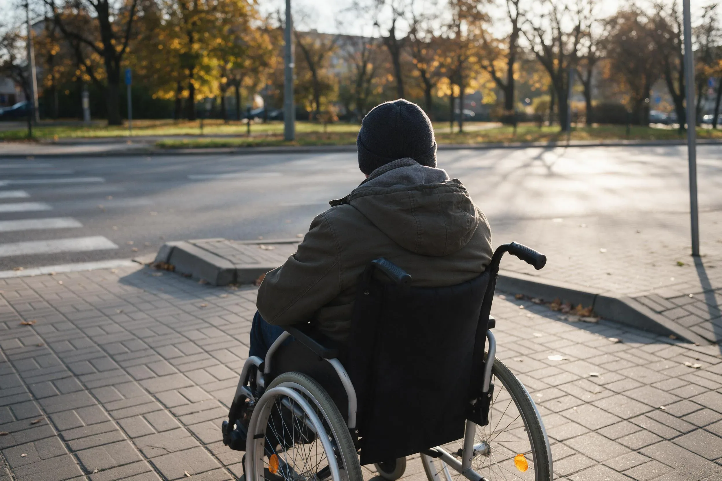 Osoba na wózku inwalidzkim na miejskim chodniku