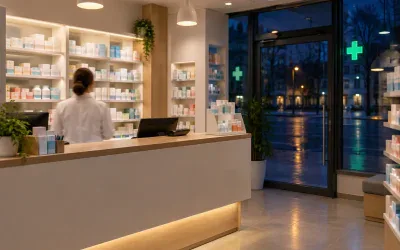 Wnętrze apteki nocą - apteka całodobowa w Katowicach