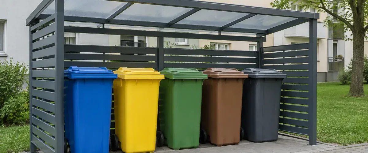 Kolorowe pojemniki do segregacji przy bloku, harmonogram wywozu śmieci Katowice