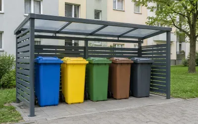 Kolorowe pojemniki do segregacji przy bloku, harmonogram wywozu śmieci Katowice