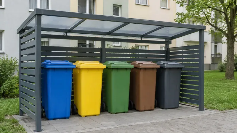 Kolorowe pojemniki do segregacji przy bloku, harmonogram wywozu śmieci Katowice