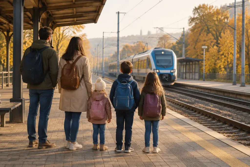 Rodzina z trojgiem dzieci na peronie, ulgi kolejowe z Kartą Dużej Rodziny