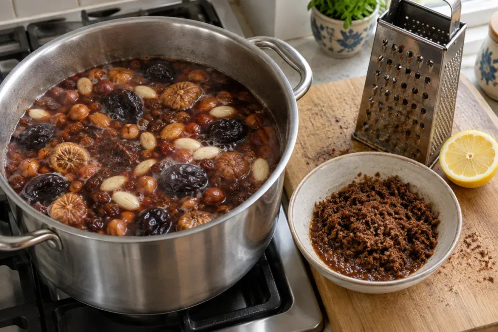 Gotowanie moczki: kompot z migdałami, orzechami i suszonymi śliwkami oraz starty piernik z ciemnym piwem