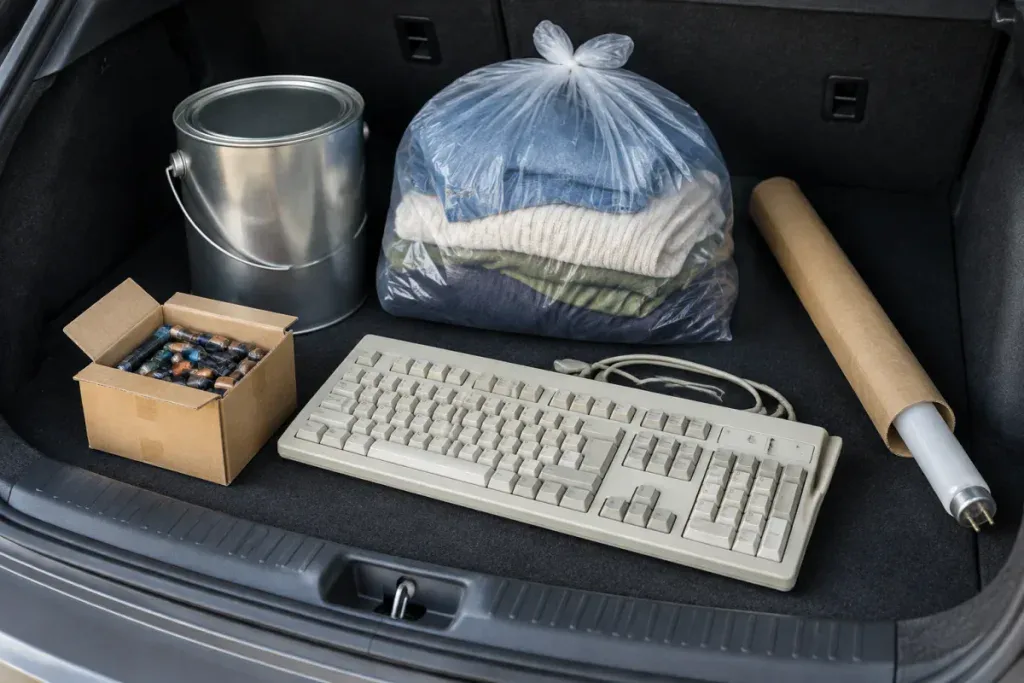 Puszka po farbie, baterie, elektrośmieci i stare ubrania przygotowane do oddania w GPZO